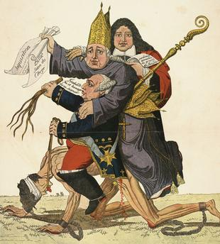 La Condition du tiers état sous la monarchie absolue en France. Eau-Forte anonyme coloriée. Paris, 1789